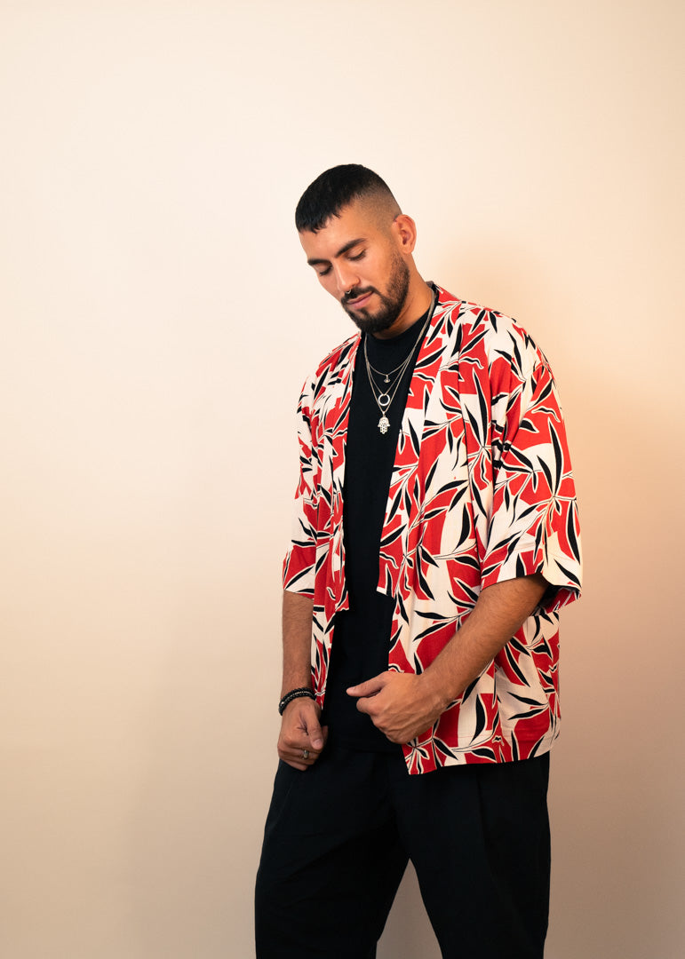 Red and white floral mid-length kimono