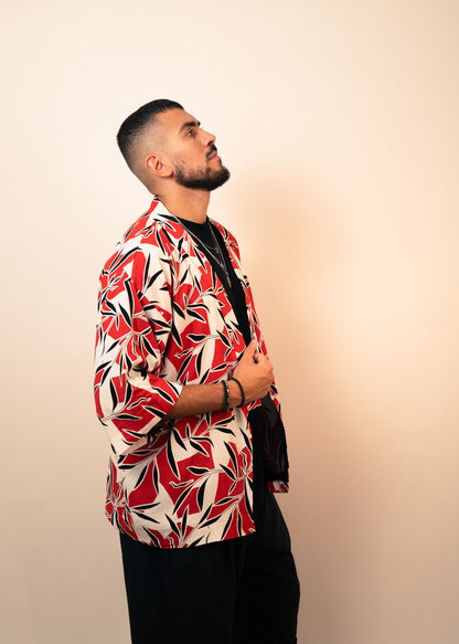 Red and white floral mid-length kimono