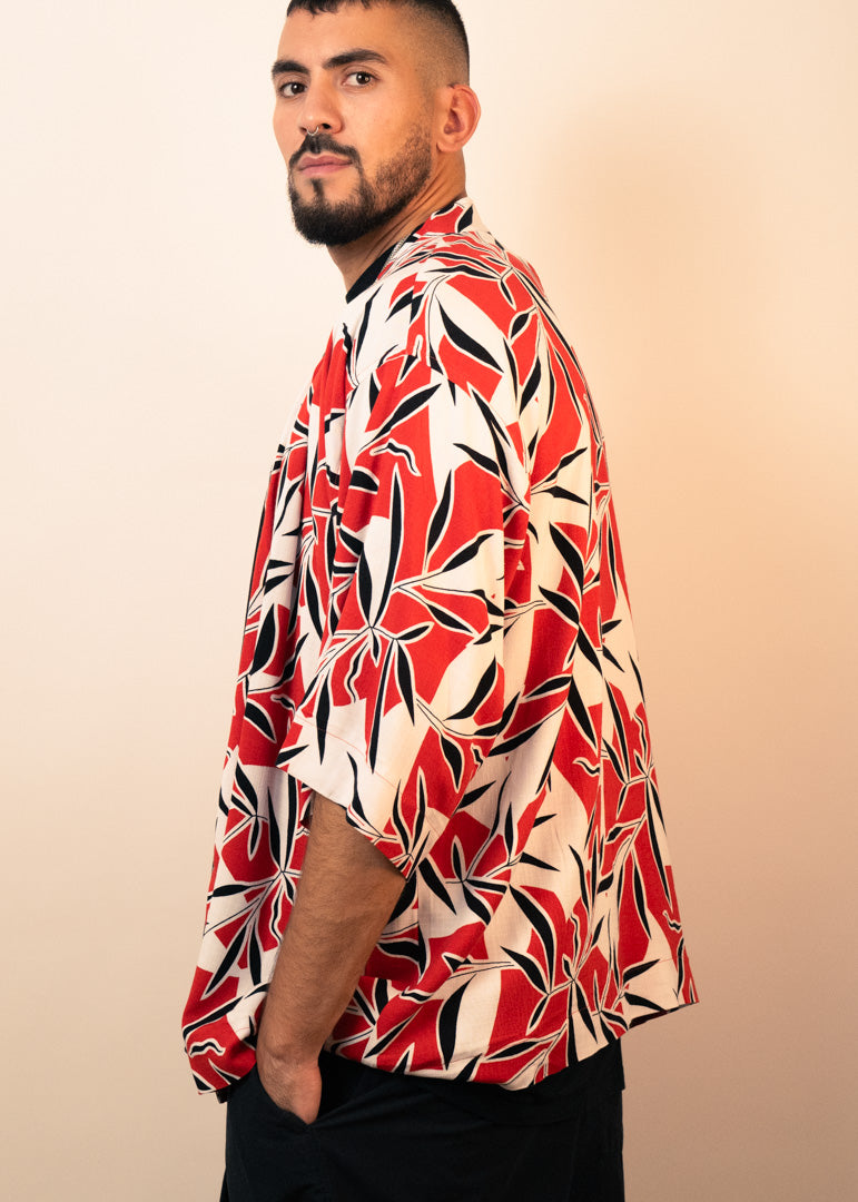 Red and white floral mid-length kimono