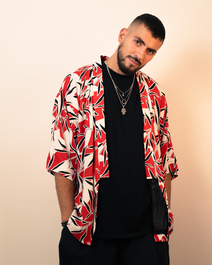 Red and white floral mid-length kimono